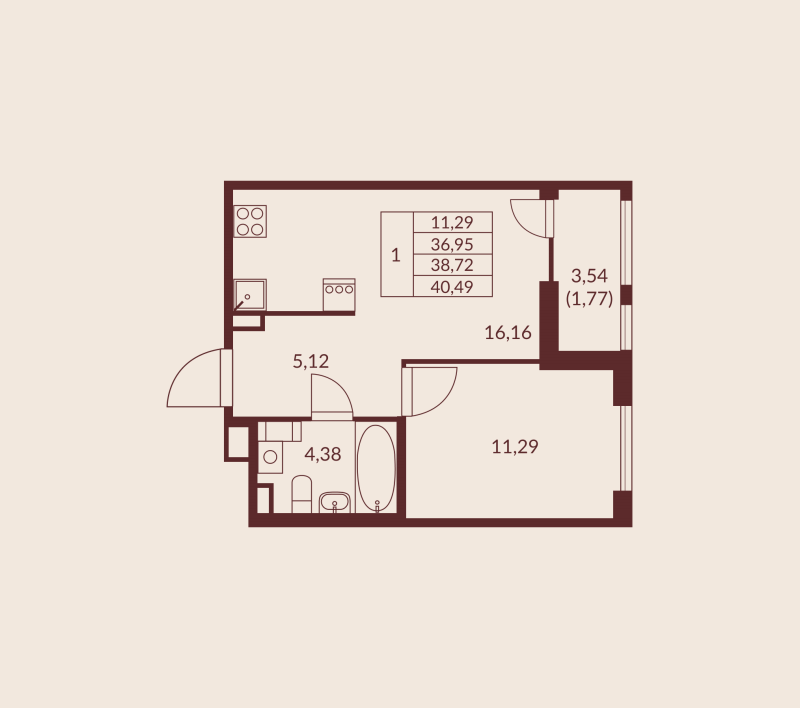 2-комнатная (Евро) квартира, 38.72 м² в ЖК "Амурино" - планировка, фото №1