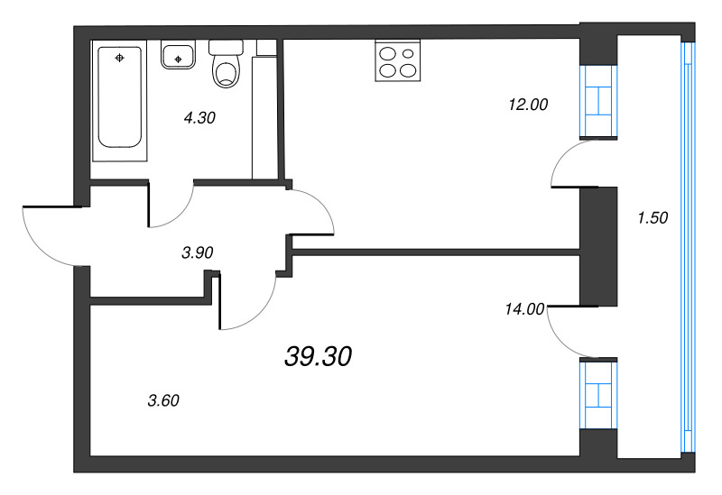 1-комнатная квартира, 39.32 м² - планировка, фото №1