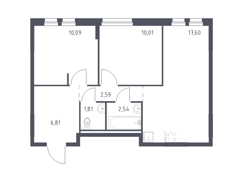 3-комнатная (Евро) квартира, 51.45 м² - планировка, фото №1