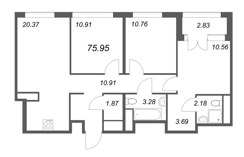 4-комнатная (Евро) квартира, 75.95 м² - планировка, фото №1