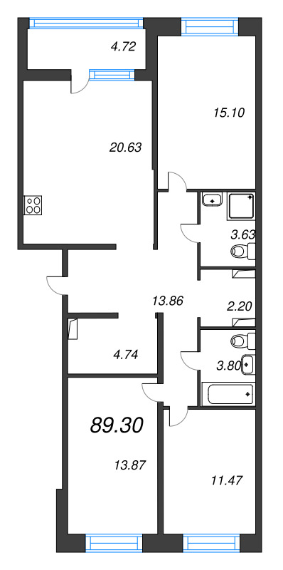 4-комнатная (Евро) квартира, 89.3 м² - планировка, фото №1