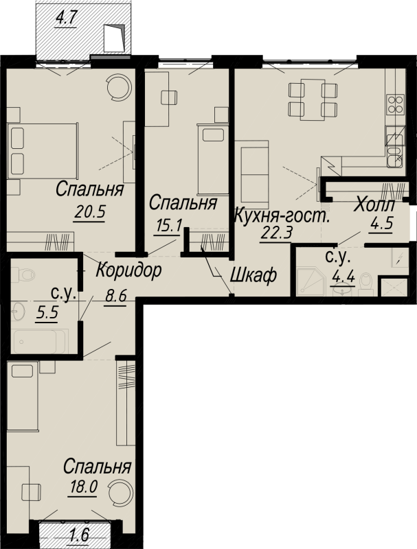 4-комнатная (Евро) квартира, 99.8 м² - планировка, фото №1