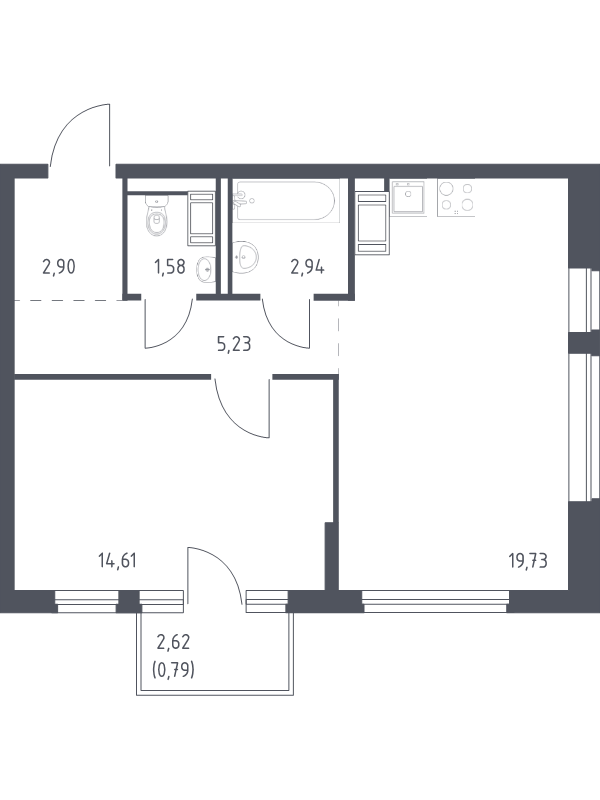 2-комнатная (Евро) квартира, 47.78 м² - планировка, фото №1