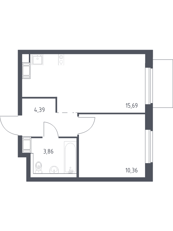 2-комнатная (Евро) квартира, 34.3 м² - планировка, фото №1