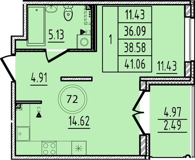 1-комнатная квартира, 36.09 м² - планировка, фото №1