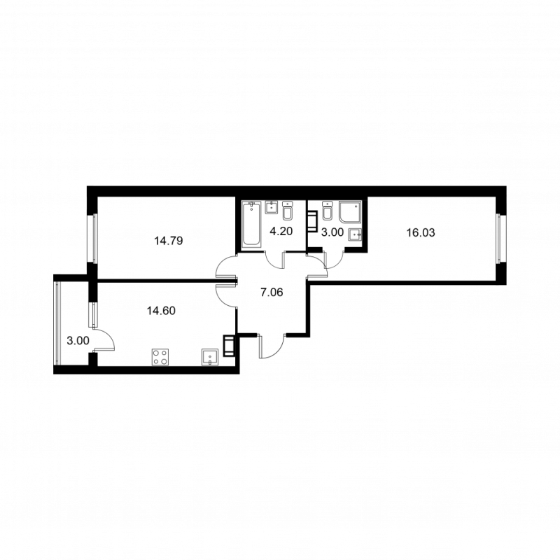 2-комнатная квартира, 61.18 м² в ЖК "Квартал Заречье" - планировка, фото №1