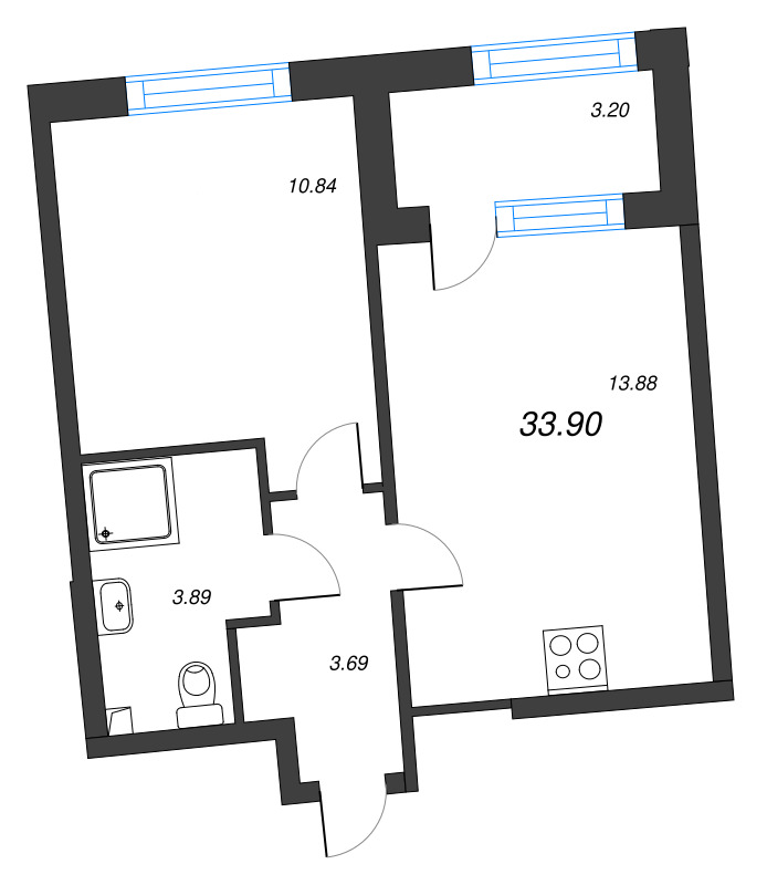 1-комнатная квартира, 33.9 м² в ЖК "Бульвар Грина" - планировка, фото №1
