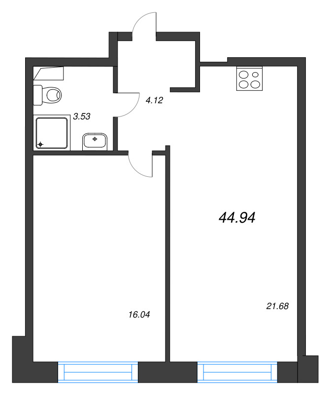 2-комнатная (Евро) квартира, 45.37 м² в ЖК "Остров Первых" - планировка, фото №1