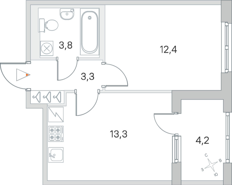 2-комнатная (Евро) квартира, 32.8 м² в ЖК "ЮгТаун" - планировка, фото №1