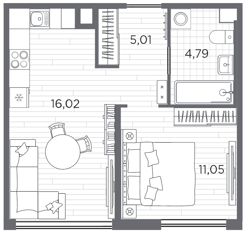 2-комнатная (Евро) квартира, 36.87 м² в ЖК "PLUS Пулковский" - планировка, фото №1