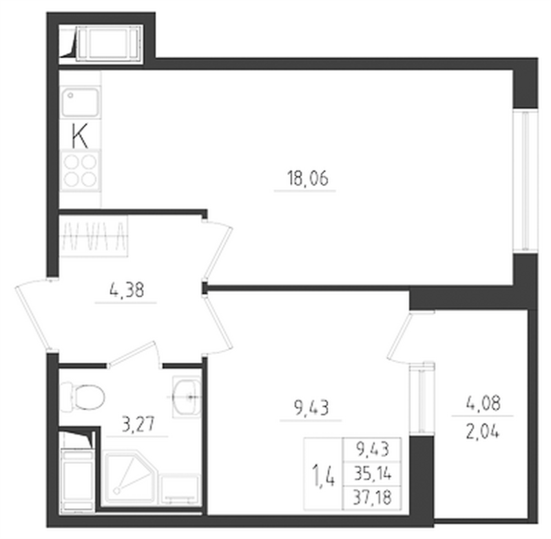 2-комнатная (Евро) квартира, 37.18 м² в ЖК "Новикола" - планировка, фото №1