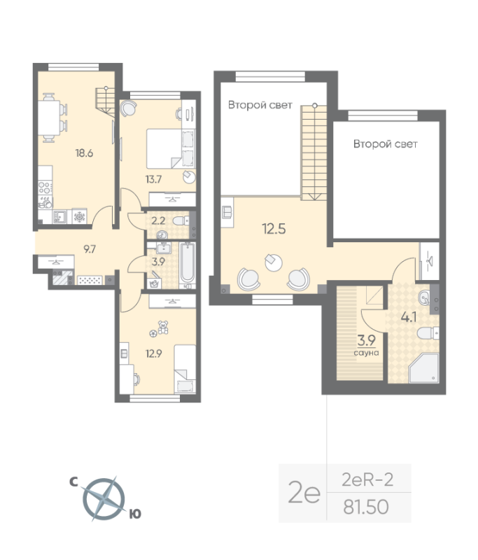 4-комнатная (Евро) квартира, 81.5 м² в ЖК "Пулково Лейк" - планировка, фото №1