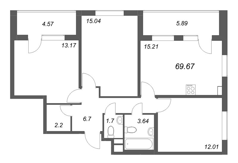 4-комнатная (Евро) квартира, 69.67 м² в ЖК "Любоград" - планировка, фото №1