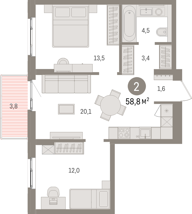 3-комнатная (Евро) квартира, 58.8 м² в ЖК "Брусника в Новоселье" - планировка, фото №1