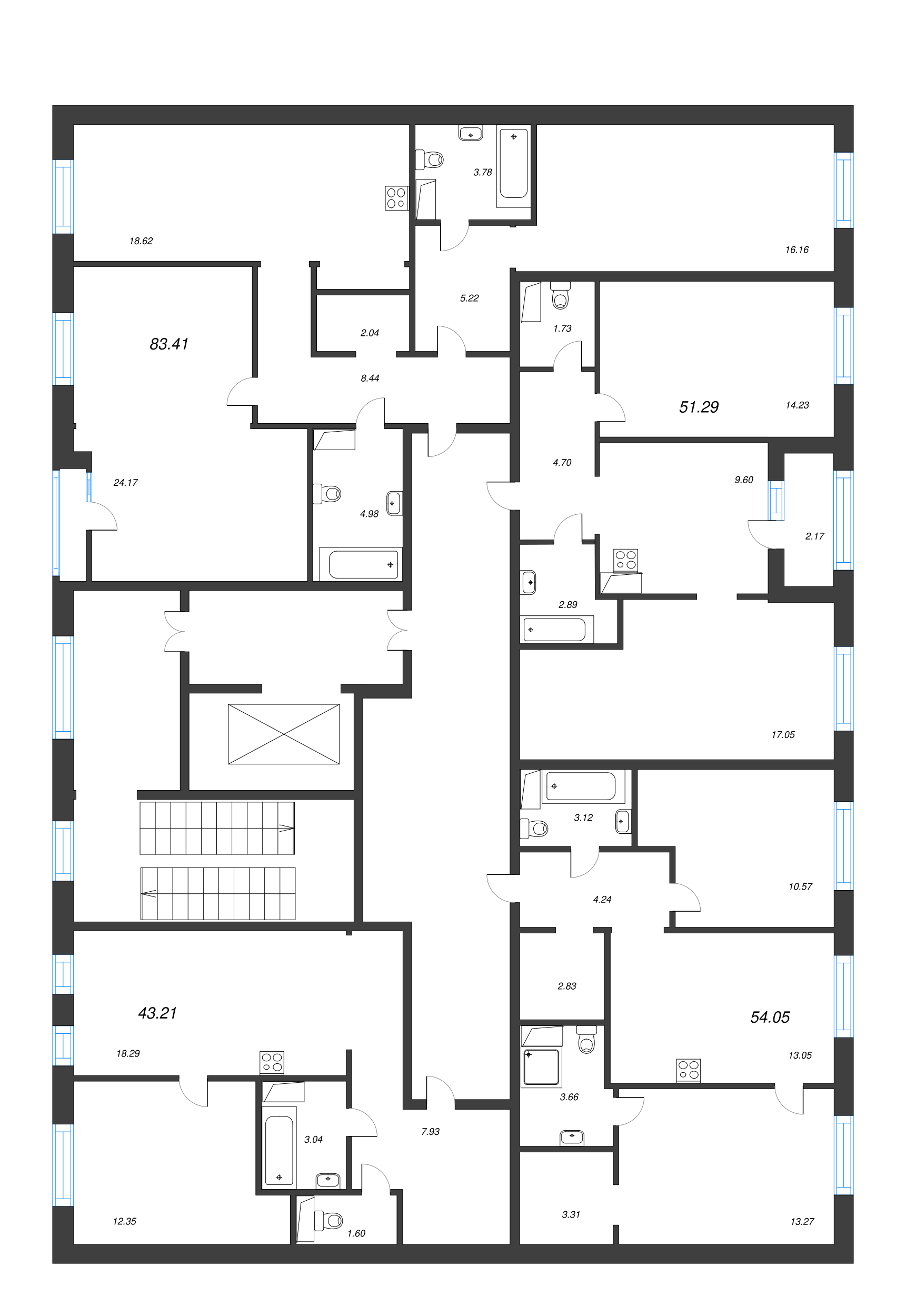 3-комнатная (Евро) квартира, 83.41 м² - планировка этажа