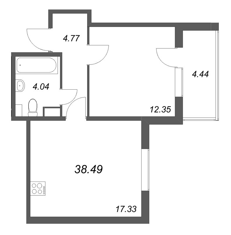 2-комнатная (Евро) квартира, 38.49 м² в ЖК "Любоград" - планировка, фото №1