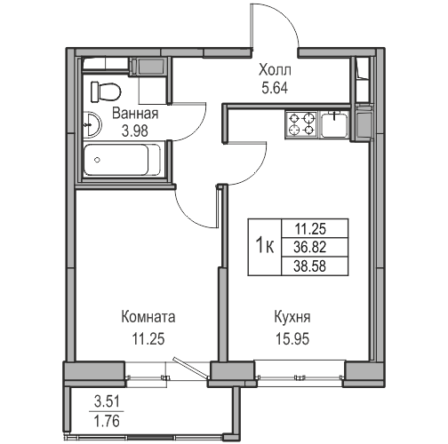 2-комнатная (Евро) квартира, 38.58 м² в ЖК "Юнтолово" - планировка, фото №1