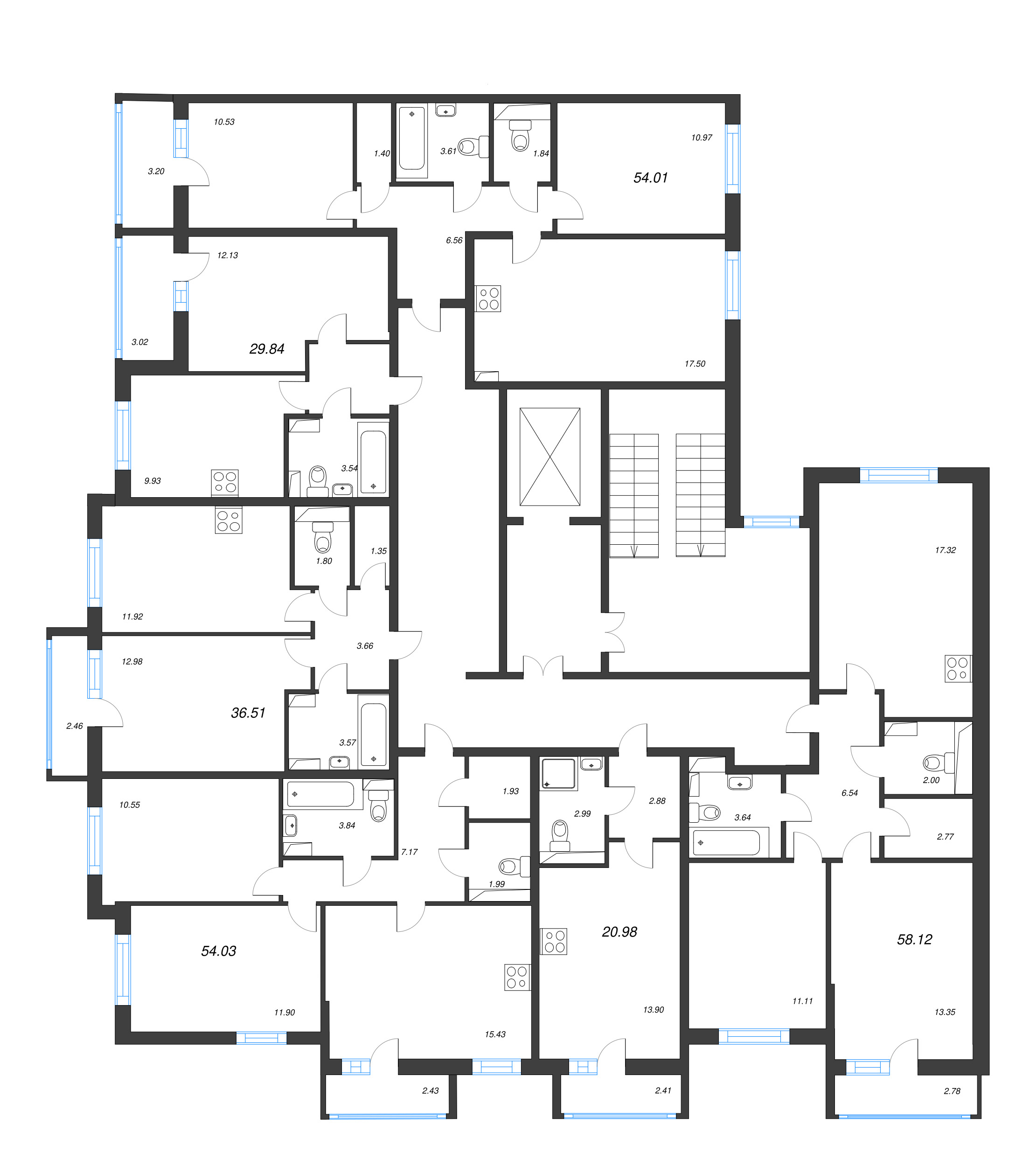 3-комнатная (Евро) квартира, 54.01 м² - планировка этажа