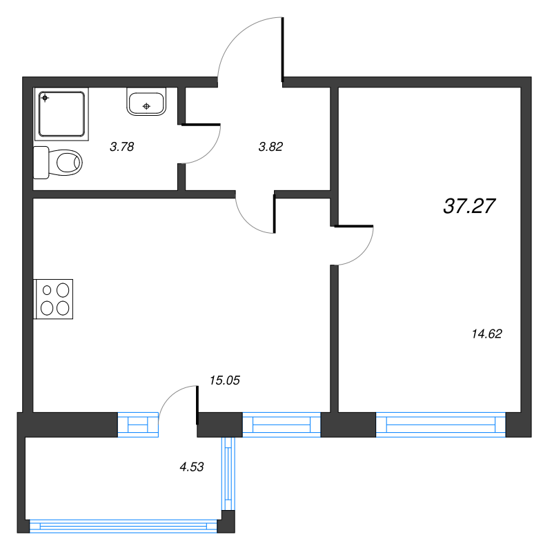 2-комнатная (Евро) квартира, 37.27 м² в ЖК "Чёрная речка" - планировка, фото №1