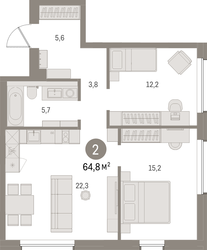 3-комнатная (Евро) квартира, 64.7 м² в ЖК "Северный ветер" - планировка, фото №1