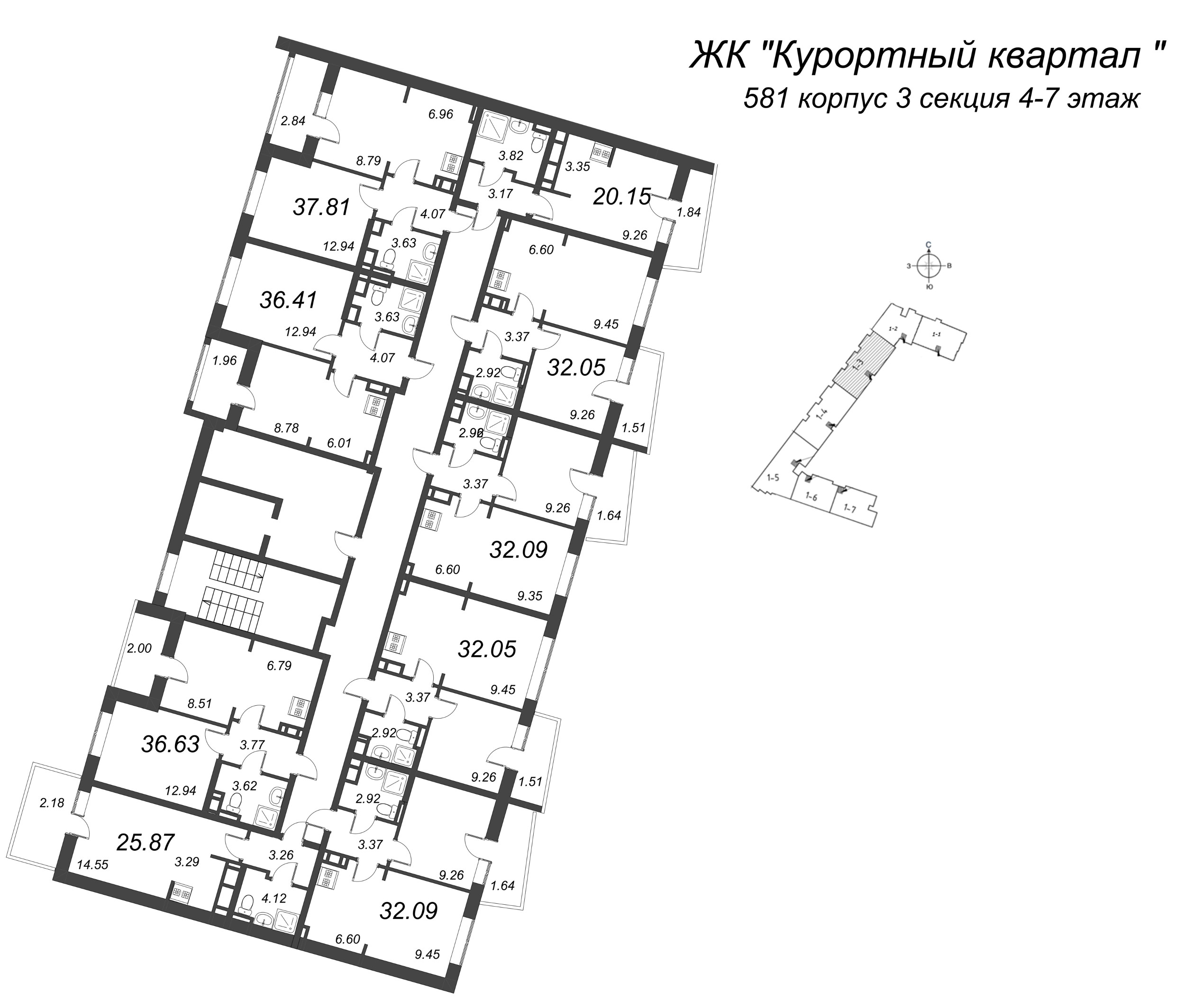 2-комнатная (Евро) квартира, 32.09 м² - планировка этажа