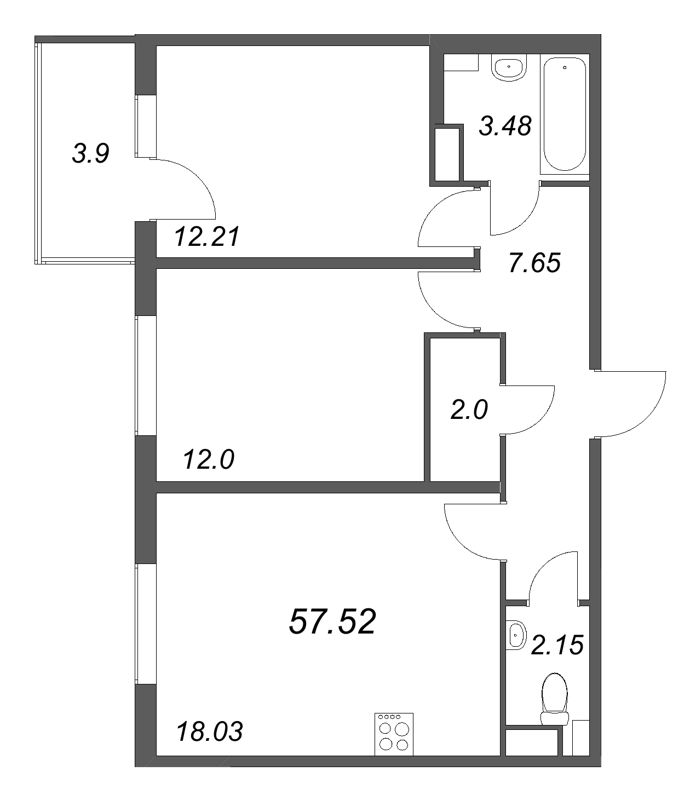 3-комнатная (Евро) квартира, 57.52 м² - планировка, фото №1