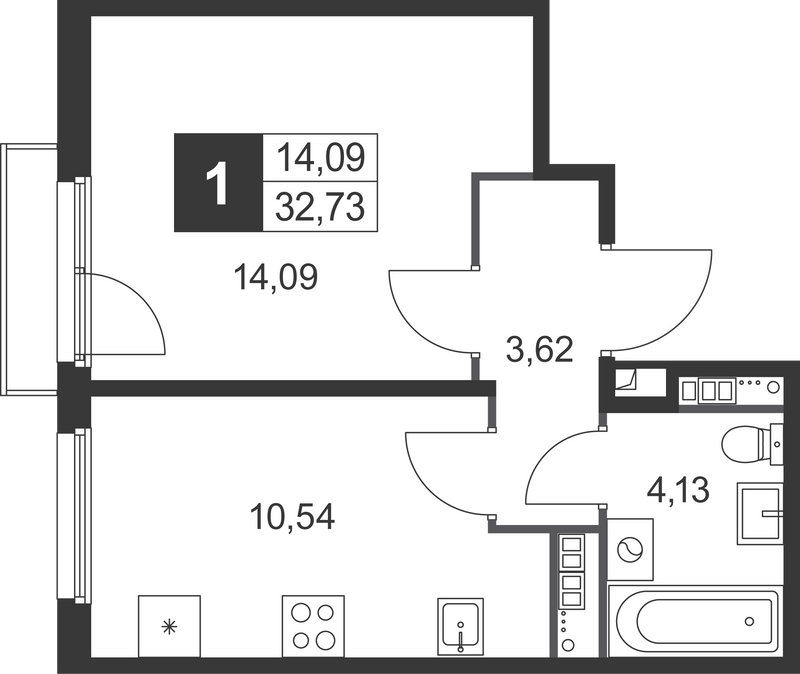 1-комнатная квартира, 32.73 м² в ЖК "Слобода" - планировка, фото №1