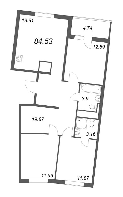 4-комнатная (Евро) квартира, 84.53 м² - планировка, фото №1