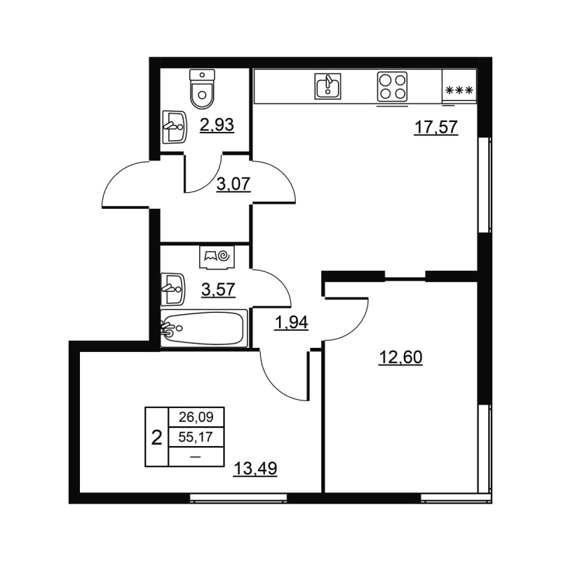 3-комнатная (Евро) квартира, 55.17 м² в ЖК "Высота. Новодевяткино" - планировка, фото №1