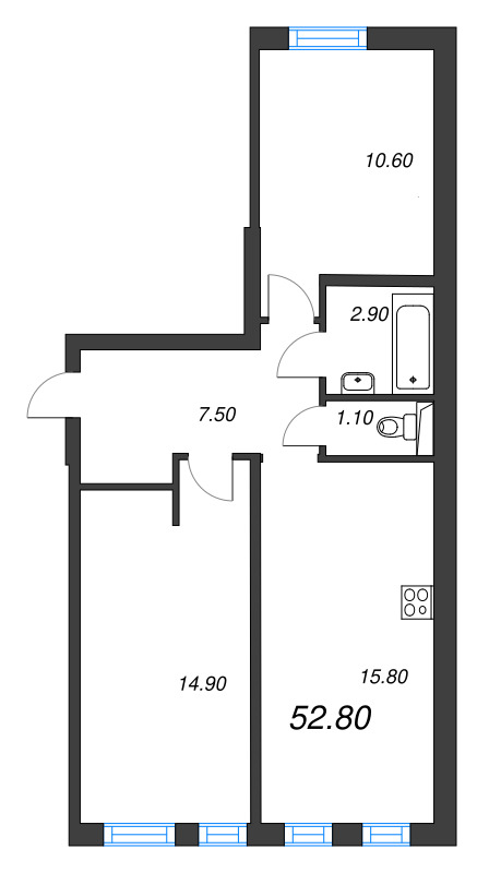 3-комнатная (Евро) квартира, 52.8 м² в ЖК "ЭКО Квартал NEGA" - планировка, фото №1
