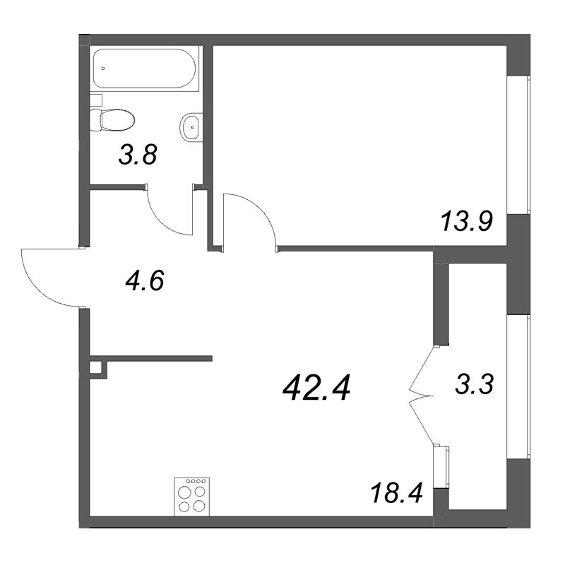 2-комнатная (Евро) квартира, 42.4 м² в ЖК "Кронунг ЮГ" - планировка, фото №1