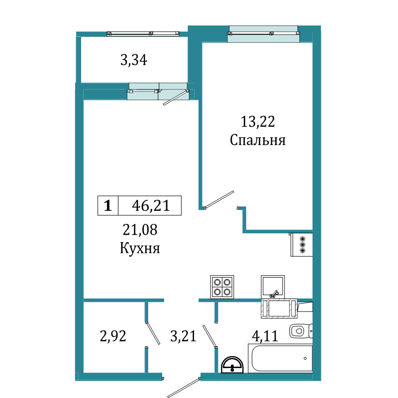 2-комнатная (Евро) квартира, 46.21 м² - планировка, фото №1