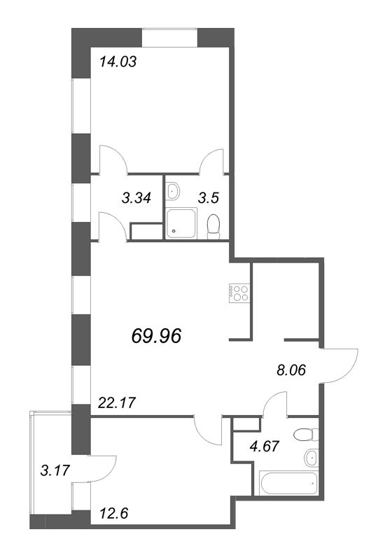3-комнатная (Евро) квартира, 69.96 м² - планировка, фото №1