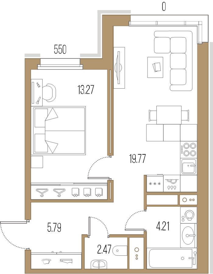 2-комнатная (Евро) квартира, 45.51 м² в ЖК "Большой Сампсониевский, 32" - планировка, фото №1