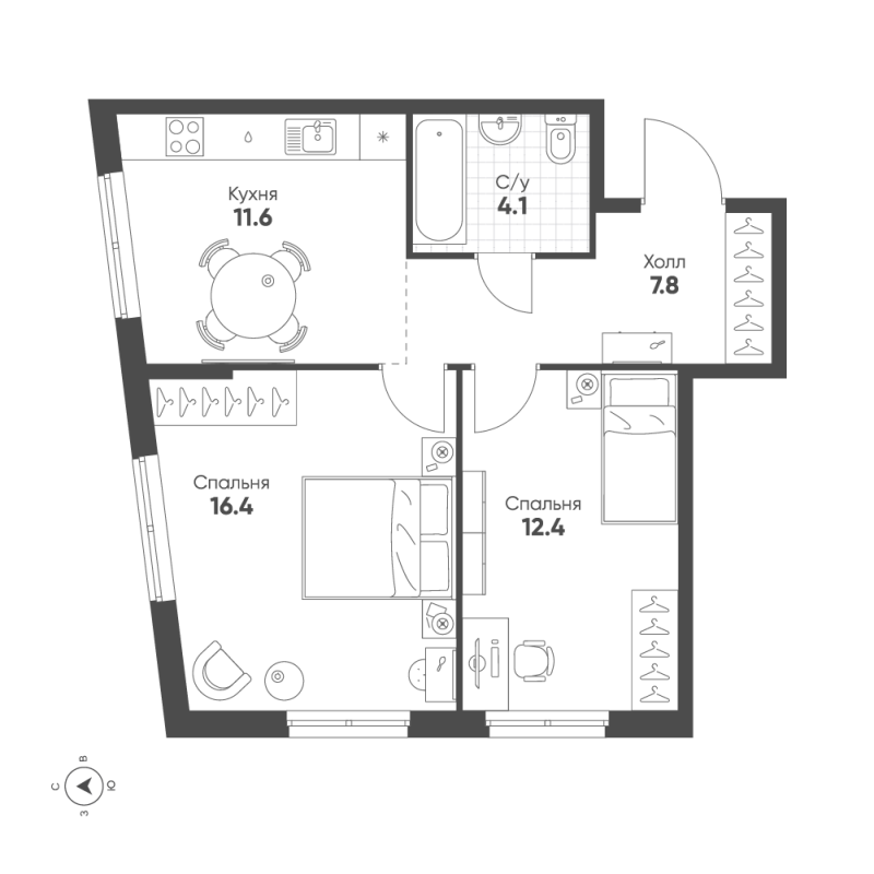 2-комнатная квартира, 52.3 м² в ЖК "Ягодное Река Парк" - планировка, фото №1