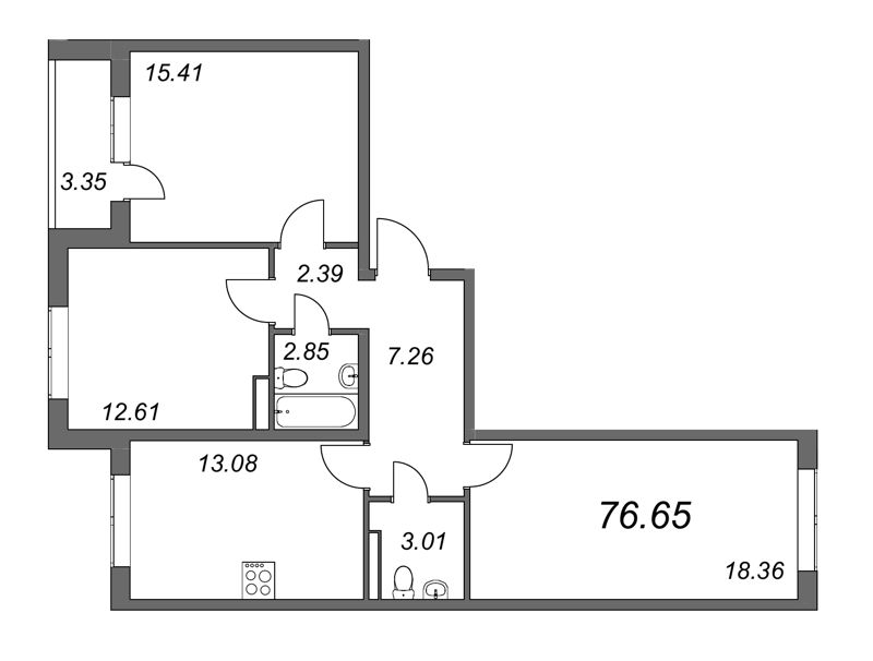 3-комнатная квартира, 76.65 м² - планировка, фото №1