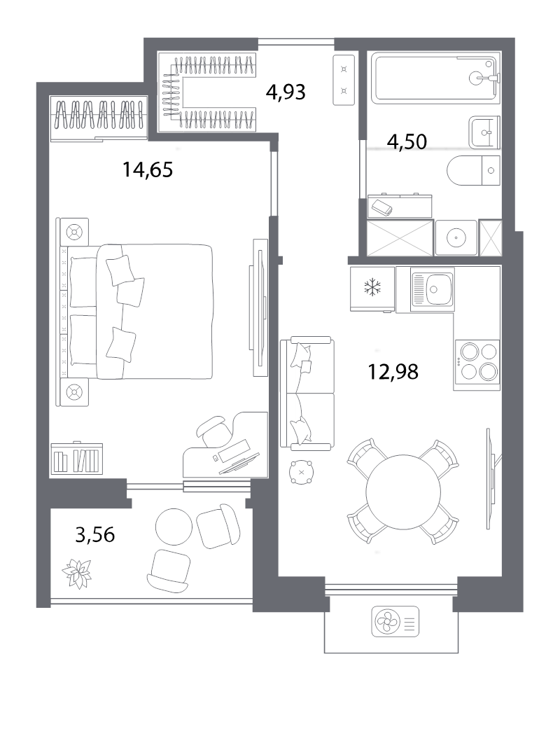 1-комнатная квартира, 38.84 м² в ЖК "Respect" - планировка, фото №1