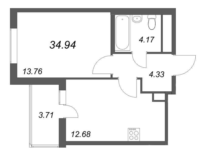 1-комнатная квартира, 34.94 м² в ЖК "Ясно.Янино" - планировка, фото №1