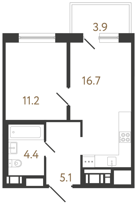 2-комнатная (Евро) квартира, 37.4 м² в ЖК "Передвижники 2" - планировка, фото №1