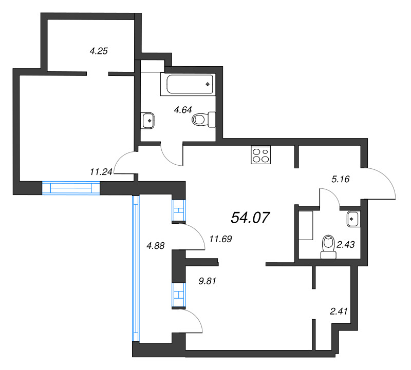 2-комнатная (Евро) квартира, 54.07 м² - планировка, фото №1