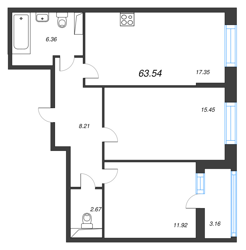 3-комнатная (Евро) квартира, 63.54 м² в ЖК "Аквилон Leaves" - планировка, фото №1