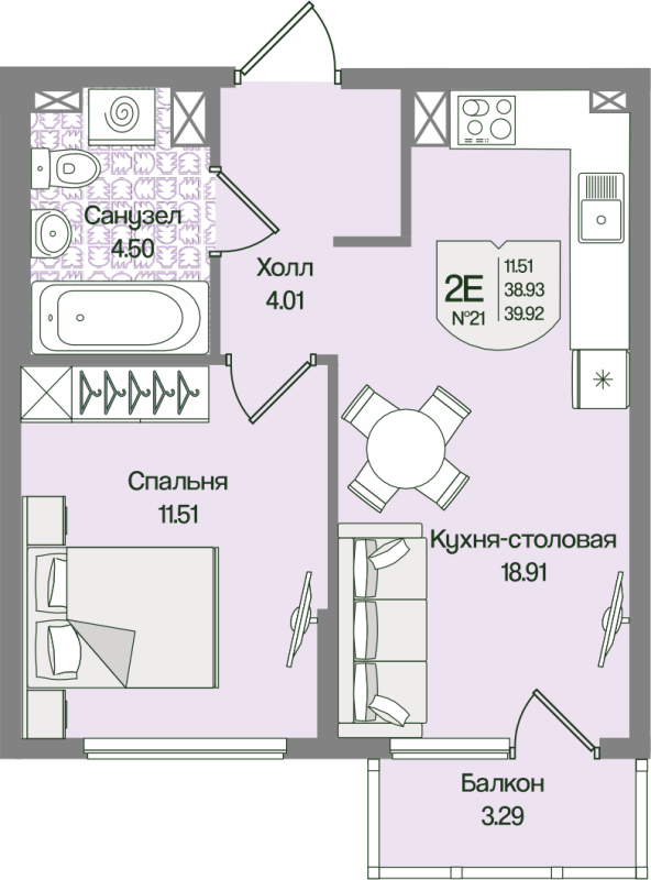 2-комнатная (Евро) квартира, 39.92 м² в ЖК "Охтинские высоты" - планировка, фото №1