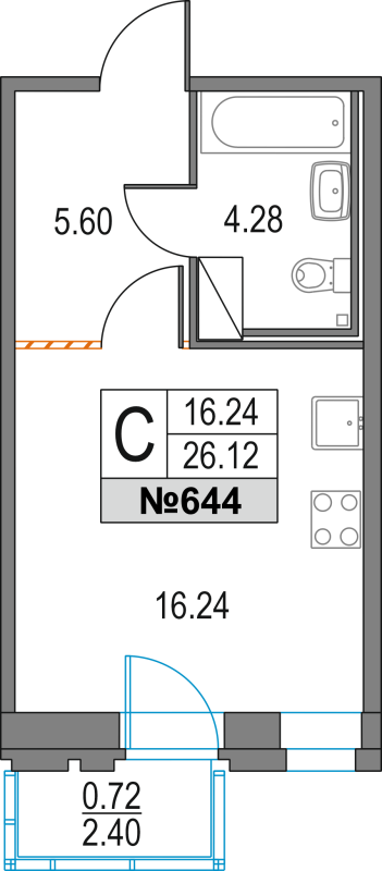 Квартира-студия, 26.12 м² в ЖК "Приморский квартал" - планировка, фото №1