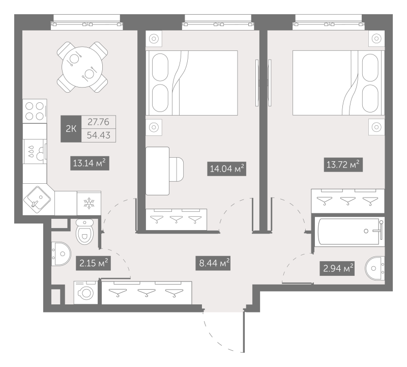 2-комнатная квартира, 55 м² в ЖК "Зум на Неве" - планировка, фото №1