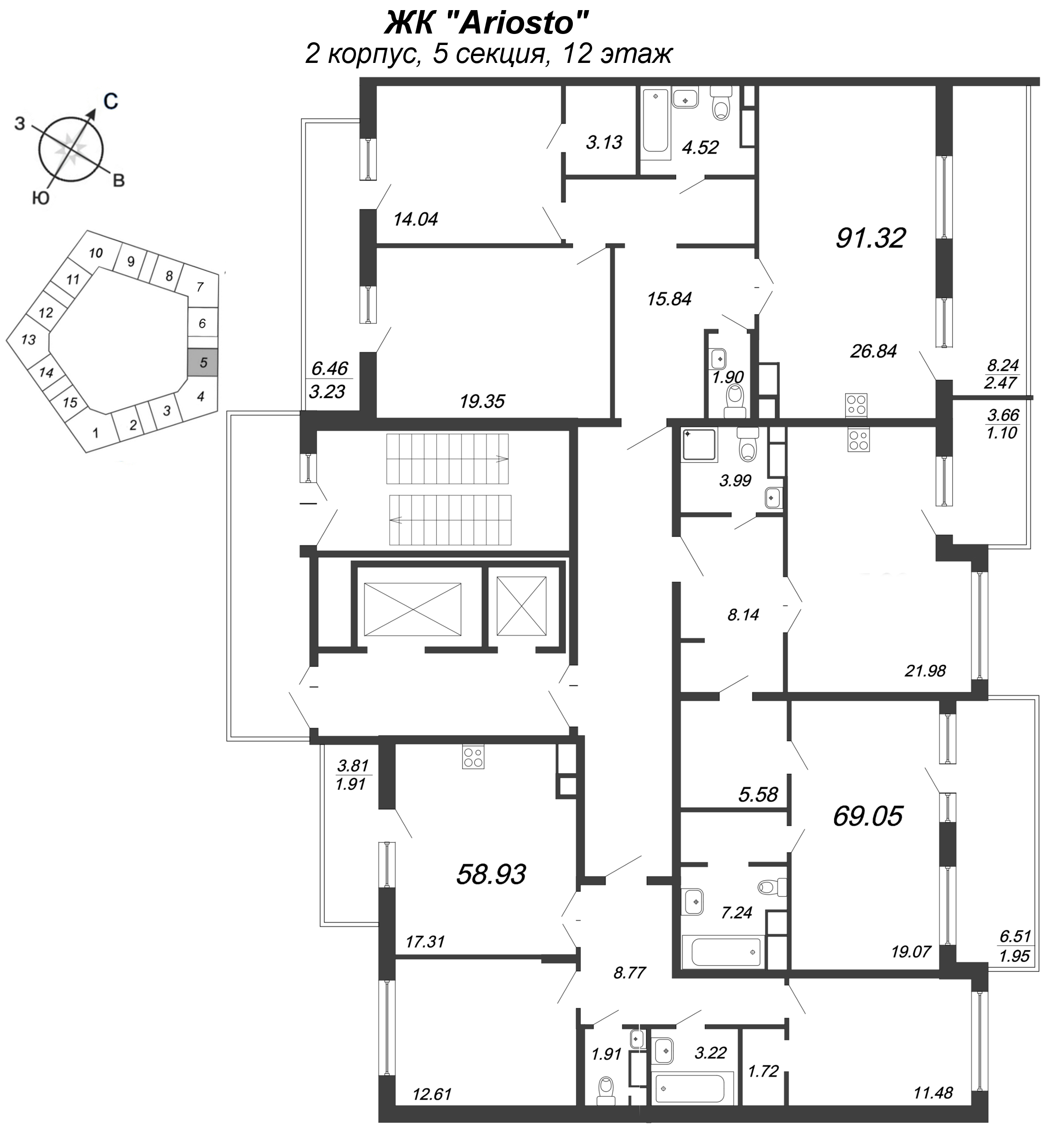 2-комнатная (Евро) квартира, 69.05 м² в ЖК "Ariosto" - планировка этажа