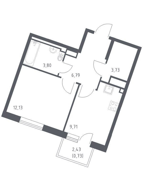 1-комнатная квартира, 36.89 м² - планировка, фото №1