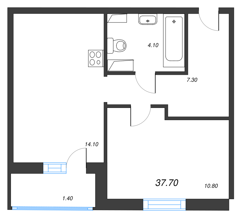 1-комнатная квартира, 37.7 м² в ЖК "Ветер перемен 2" - планировка, фото №1