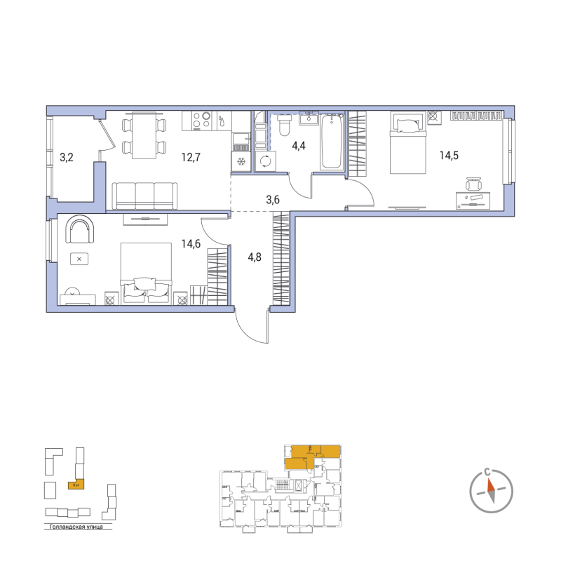 2-комнатная квартира, 56.2 м² - планировка, фото №1