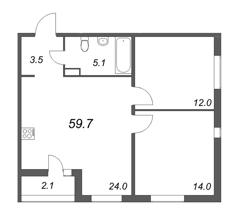 3-комнатная (Евро) квартира, 59.7 м² - планировка, фото №1