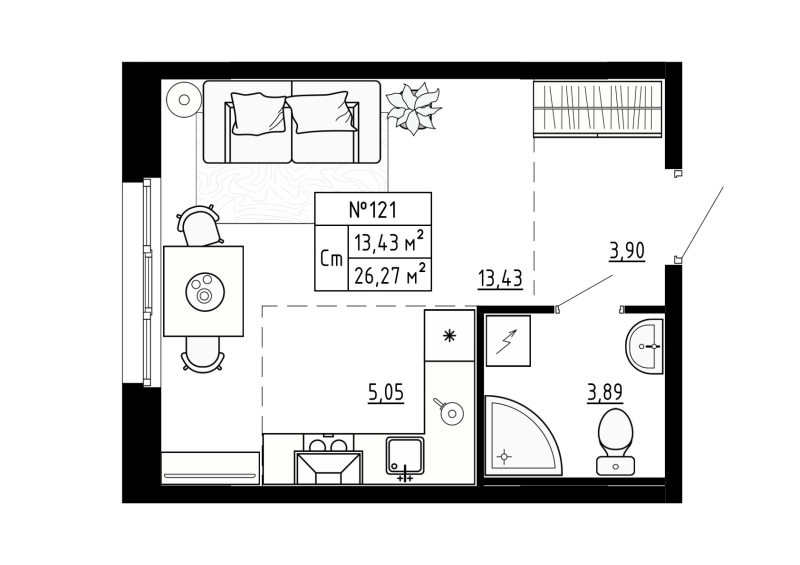 Квартира-студия, 26.4 м² - планировка, фото №1